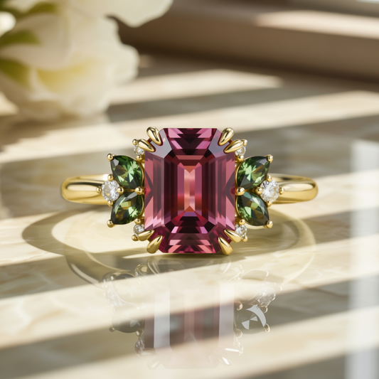 Solandra 3CT Emerald Cut Burgundy Gemstone Ring