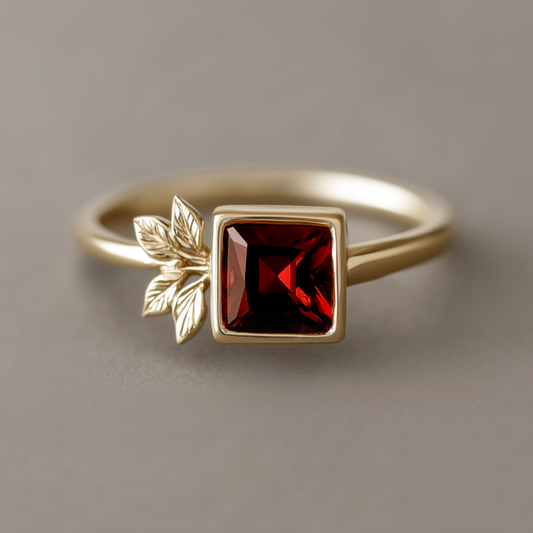 Solid Gold Deep Red Square Garnet Ring, Red Garnet engagement ring, Garnet Ring