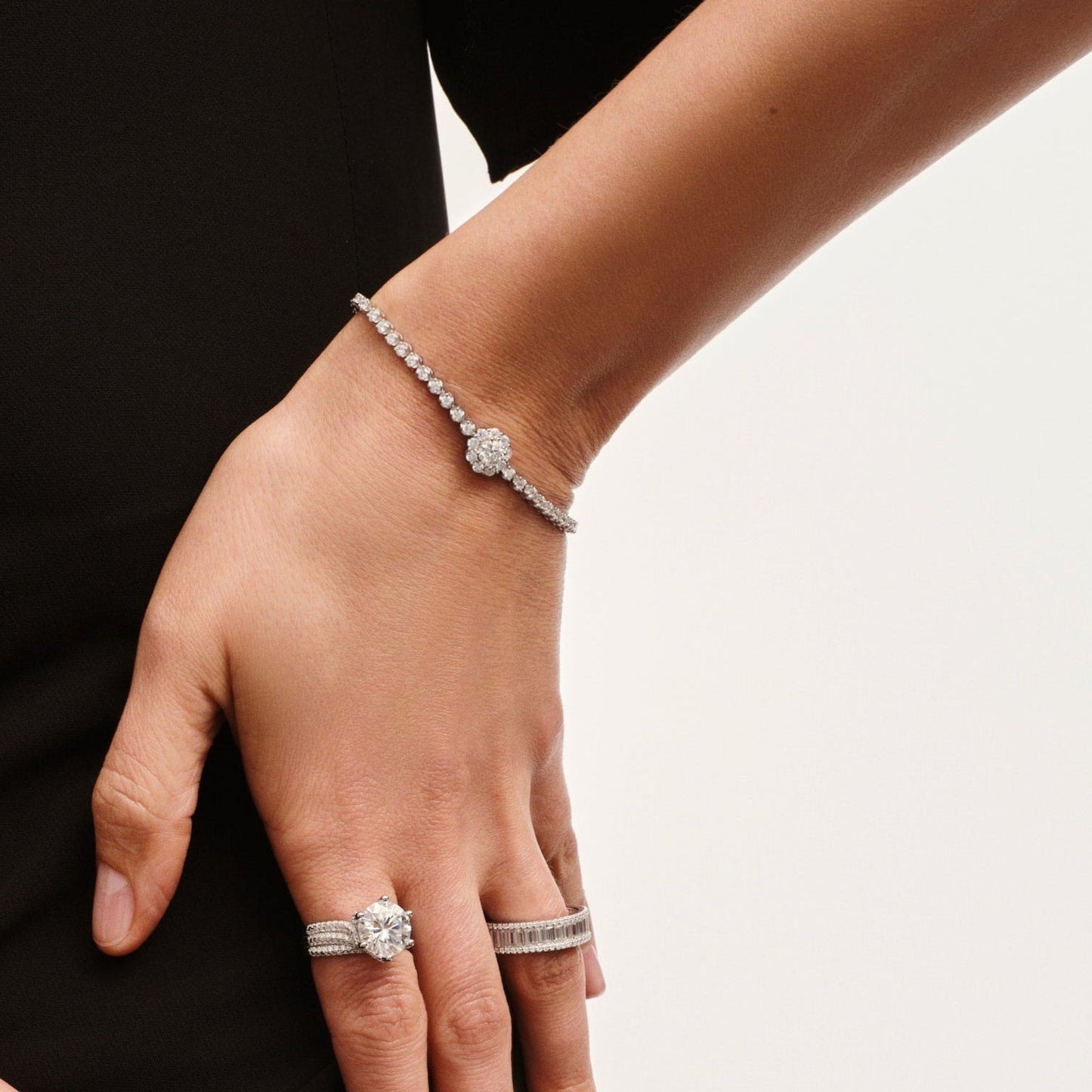 Sparkling Cluster Silver Moissanite Solitaire Tennis Bracelet